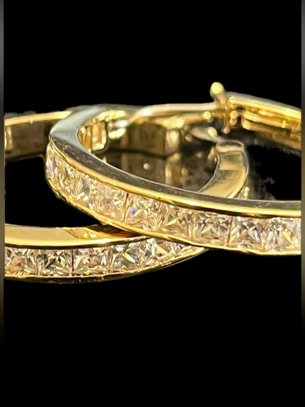 Princess cut channel set CZ drop long ladies dangle hoop earrings vintage gold